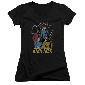 Black juniors v-neck t-shirt with Star Trek Warp Factor 4 graphic