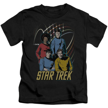 Black kid's t-shirt for ages 4 to 7 with Star Trek The Original Series Warp Factor 4 graphic