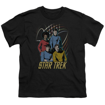 Black youth t-shirt for ages 8 to 12 with Star Trek The Original Series Warp Factor 4 graphic