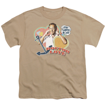 Sand youth t-shirt for ages 8 to 12 with The Love Boat Doctor Love graphic