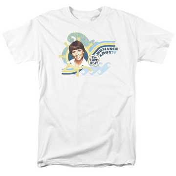 White men's regular fit t-shirt with The Love Boat Romance Ahoy graphic