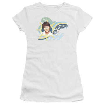 White juniors t-shirt with The Love Boat Romance Ahoy graphic
