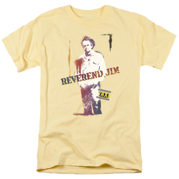 Yellow men's regular fit t-shirt with Taxi Reverend Jim graphic