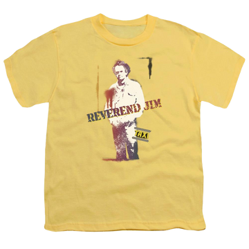 Yellow youth t-shirt for ages 8 to 12 with Taxi REVEREND JIM graphic