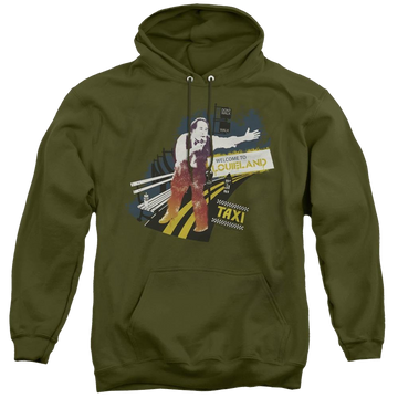 Military green pullover hoodie with Taxi Louieland graphic