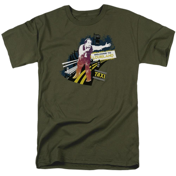 Military green men's regular fit t-shirt with Taxi Louieland graphic