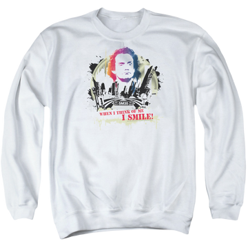 White men's crewneck sweatshirt with Taxi Smiling Jim graphic