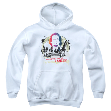 White youth hoodie for ages 8 to 12 with Taxi Smiling Jim graphic