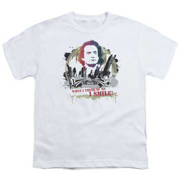 White youth t-shirt for ages 8 to 12 with Taxi Smiling Jim graphic