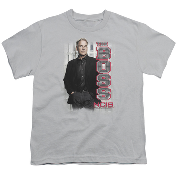 Silver youth t-shirt for ages 8 to 12 with NCIS The Boss graphic