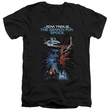 Black men's v-neck t-shirt with Star Trek Search For Spock(movie) graphic