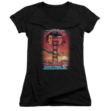 Black juniors v-neck t-shirt with Star Trek The Voyage Home(movie) graphic