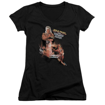Black juniors v-neck t-shirt with Star Trek Wrath Of Khan(movie) graphic
