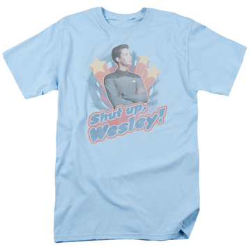 Light blue men's regular fit t-shirt with Star Trek The Next Generation Shut Up Wesley graphic