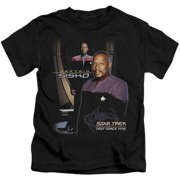 Black kid's t-shirt for ages 4 to 7 with Star Trek Deep Space Nine Captain Sisko graphic