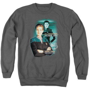 Charcoal men's crewneck sweatshirt with Star Trek Deep Space Nine Jadzia Dax graphic