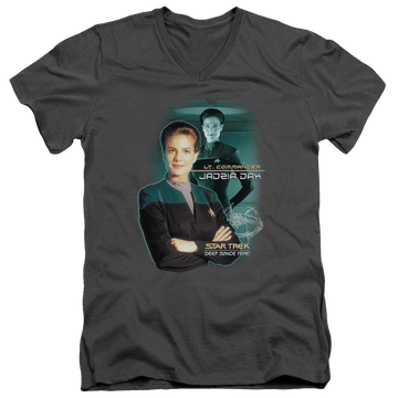 Charcoal men's v-neck t-shirt with Star Trek Deep Space Nine Jadzia Dax graphic