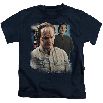 Navy kid's t-shirt for ages 4 to 7 with Star Trek Enterprise Doctor Phlox graphic