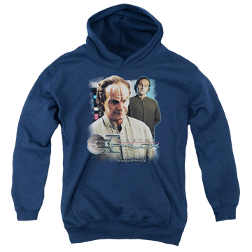 Navy youth hoodie for ages 8 to 12 with Star Trek Enterprise Doctor Phlox graphic
