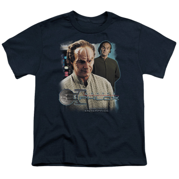 Navy youth t-shirt for ages 8 to 12 with Star Trek Enterprise Doctor Phlox graphic