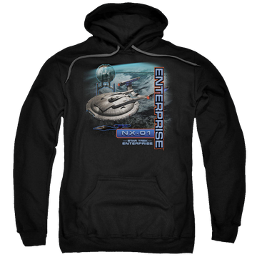 Black pullover hoodie with Star Trek Enterprise Nx 01 graphic