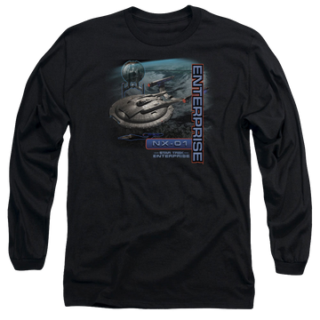 Black men's long sleeve t-shirt with Star Trek Enterprise Nx 01 graphic