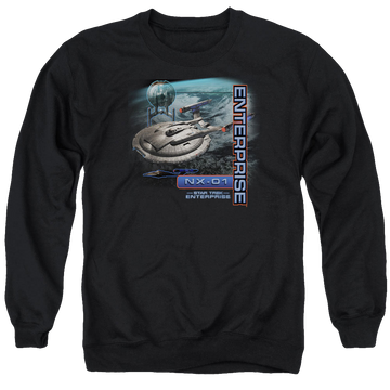 Black men's crewneck sweatshirt with Star Trek Enterprise Nx 01 graphic