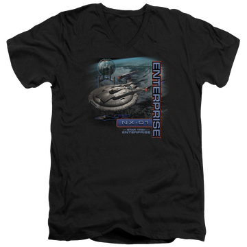 Black men's v-neck t-shirt with Star Trek Enterprise Nx 01 graphic