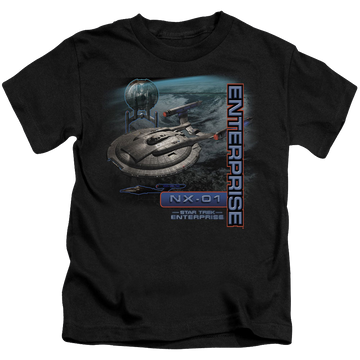 Black kid's t-shirt for ages 4 to 7 with Star Trek Enterprise Nx 01 graphic
