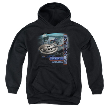 Black youth hoodie for ages 8 to 12 with Star Trek Enterprise Nx 01 graphic