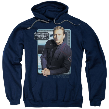 Navy pullover hoodie with Star Trek Enterprise Trip Tucker graphic