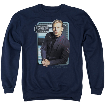 Navy men's crewneck sweatshirt with Star Trek Enterprise Trip Tucker graphic