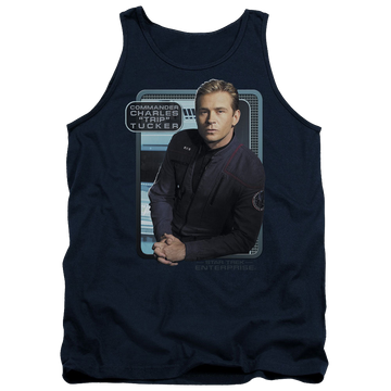 Navy men's tank with Star Trek Enterprise Trip Tucker graphic