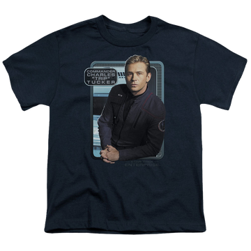 Navy youth t-shirt for ages 8 to 12 with Star Trek Enterprise Trip Tucker graphic