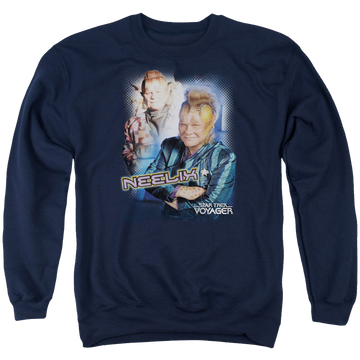 Navy men's crewneck sweatshirt with Star Trek Neelix graphic