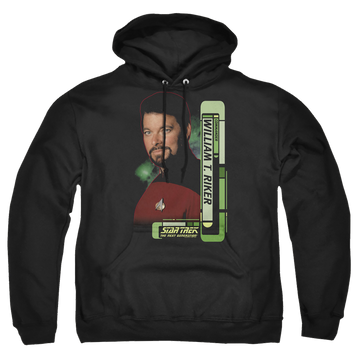 Black pullover hoodie with Star Trek Riker graphic