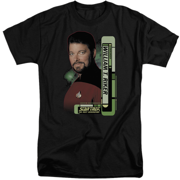 Black men's tall fit t-shirt with Star Trek Riker graphic