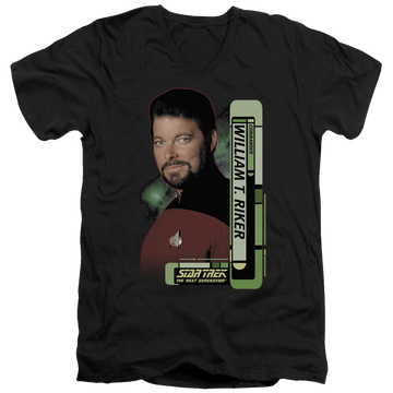 Black men's v-neck t-shirt with Star Trek Riker graphic