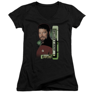 Black juniors v-neck t-shirt with Star Trek Riker graphic