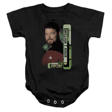 Black baby bodysuit with Star Trek Riker graphic