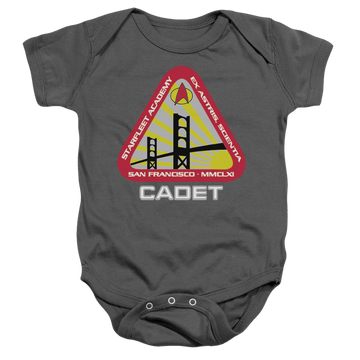 Charcoal baby bodysuit with Star Trek Starfleet Cadet graphic