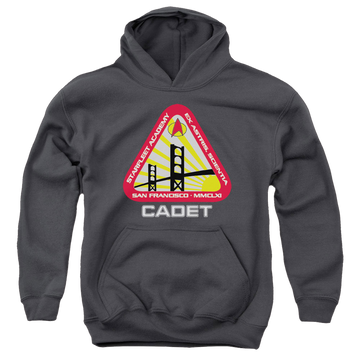 Charcoal youth hoodie for ages 8 to 12 with Star Trek The Original Series Starfleet Cadet graphic