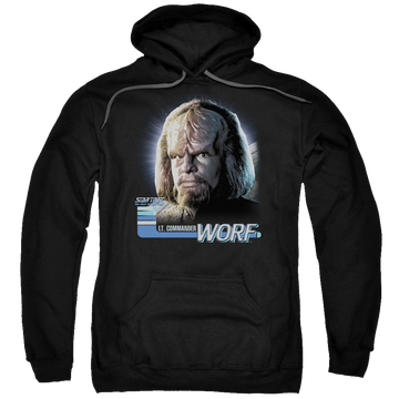 Black pullover hoodie with Star Trek The Next Generation Tng Worf graphic