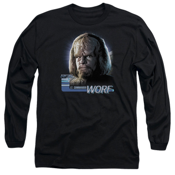 Black men's long sleeve t-shirt with Star Trek The Next Generation Tng Worf graphic