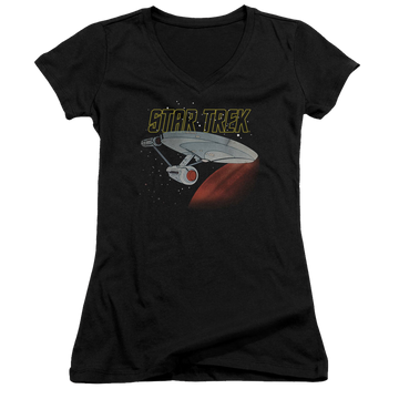 Black juniors v-neck t-shirt with Star Trek Retro Enterprise graphic