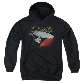 Black youth hoodie for ages 8 to 12 with Star Trek The Animated Series Retro Enterprise graphic