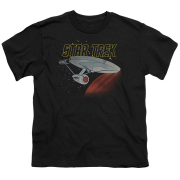 Black youth t-shirt for ages 8 to 12 with Star Trek The Animated Series Retro Enterprise graphic
