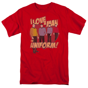 Red men's regular fit t-shirt with Star Trek Man In Uniform graphic