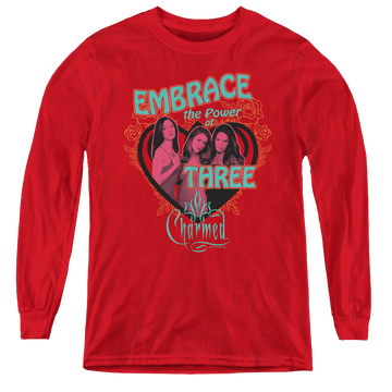 Red youth long sleeve t-shirt with Charmed Embrace The Power graphic