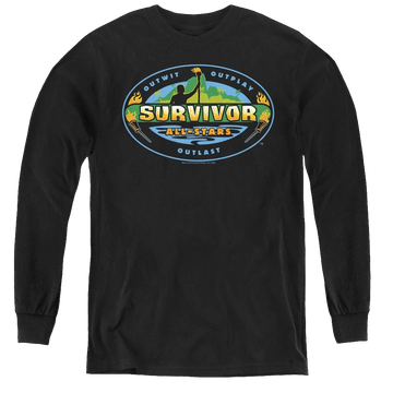 Black youth long sleeve t-shirt with Survivor All Stars graphic